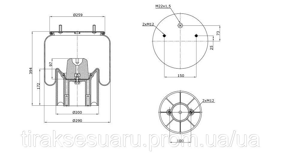 Пневморессора с стаканом ROR; MERCEDES; WEWELER Пневмоподушка для прицепов с осями ROR; MERCEDES; WEWELER 2 шпильки 1 штуцер Луцк - изображение 2