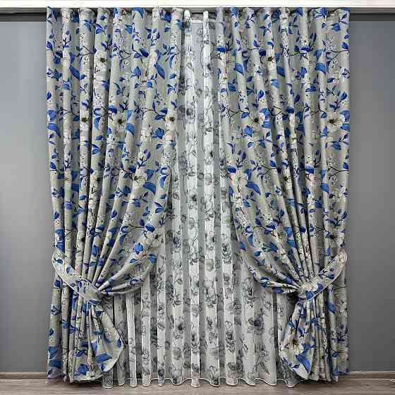 Комплект штор VR-Textil Лен Прованс 200х265 2шт и Тюль 600х265 1725ш-1543т Светло-серый с синим и белым 71-105/7 Киев