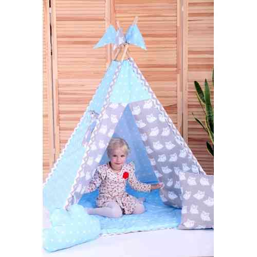 Вігвам Хатка комплект Невелика Блакитний із сірим із подушками — Великий 150*150 см Київ