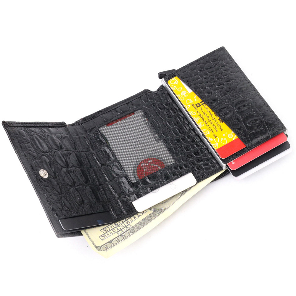 Визитница из натуральной фактурной кожи под крокодила KARYA 20990 Черный Киев - изображение 6