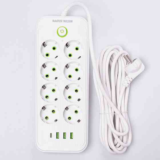 Сетевой фильтр 2.8 м удлинитель на 8 розеток с 3 USB 1 Type-C и кнопкой отключения F20U Белый HP-5-27 Киев