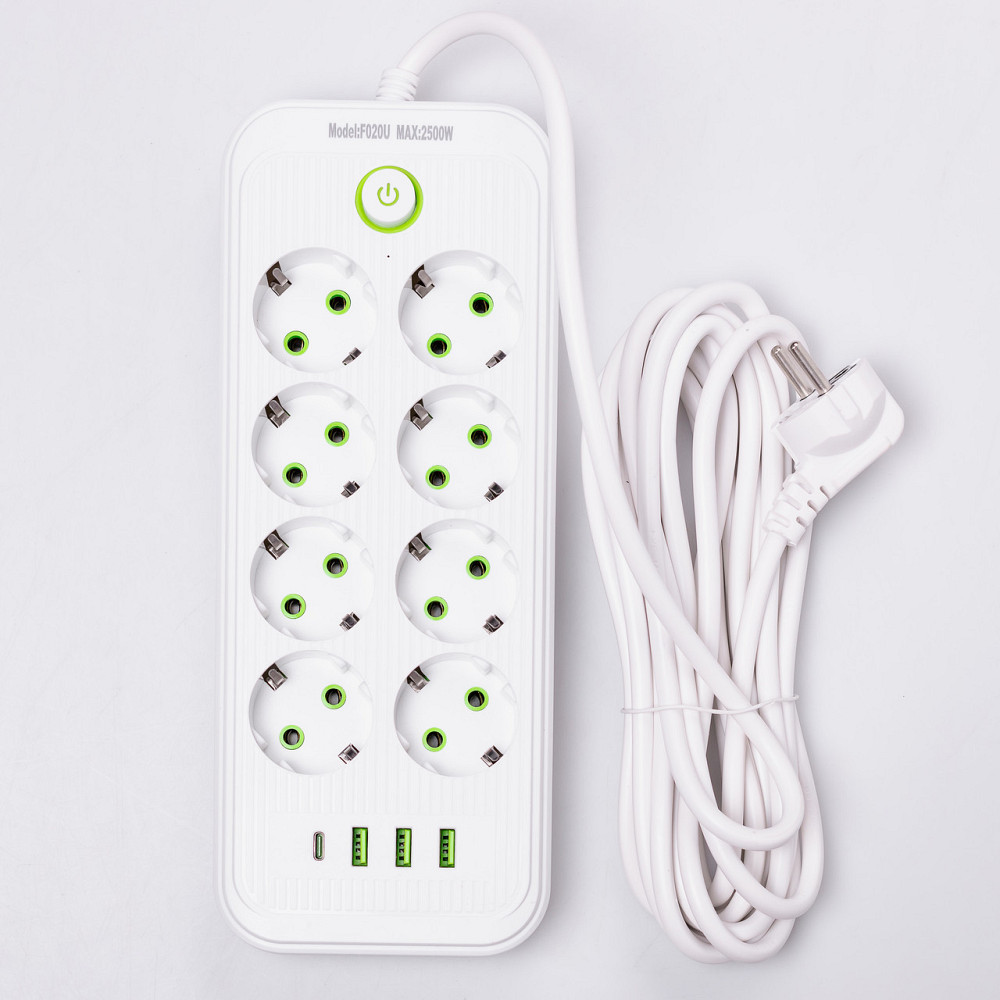 Сетевой фильтр 2.8 м удлинитель на 8 розеток с 3 USB 1 Type-C и кнопкой отключения F20U Белый HP-5-27 Киев - изображение 1