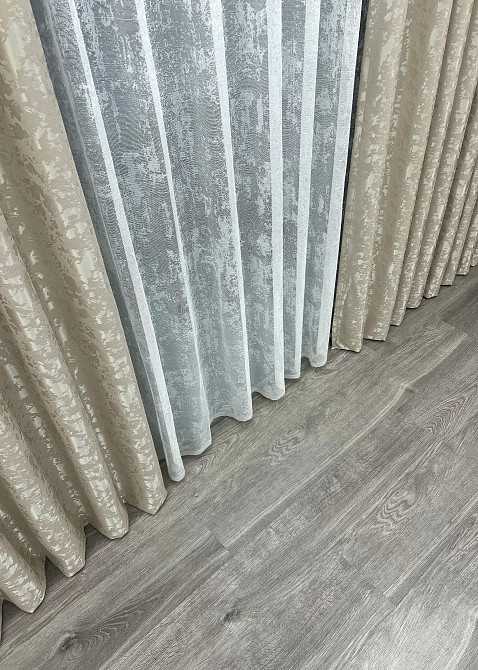 Комплект штор VR-Textil Льон Мармур 150х270 2шт і Тюль 500х270 1272ш-1400т Теплий бежевий з білим 71-135/4 Київ - фото 8
