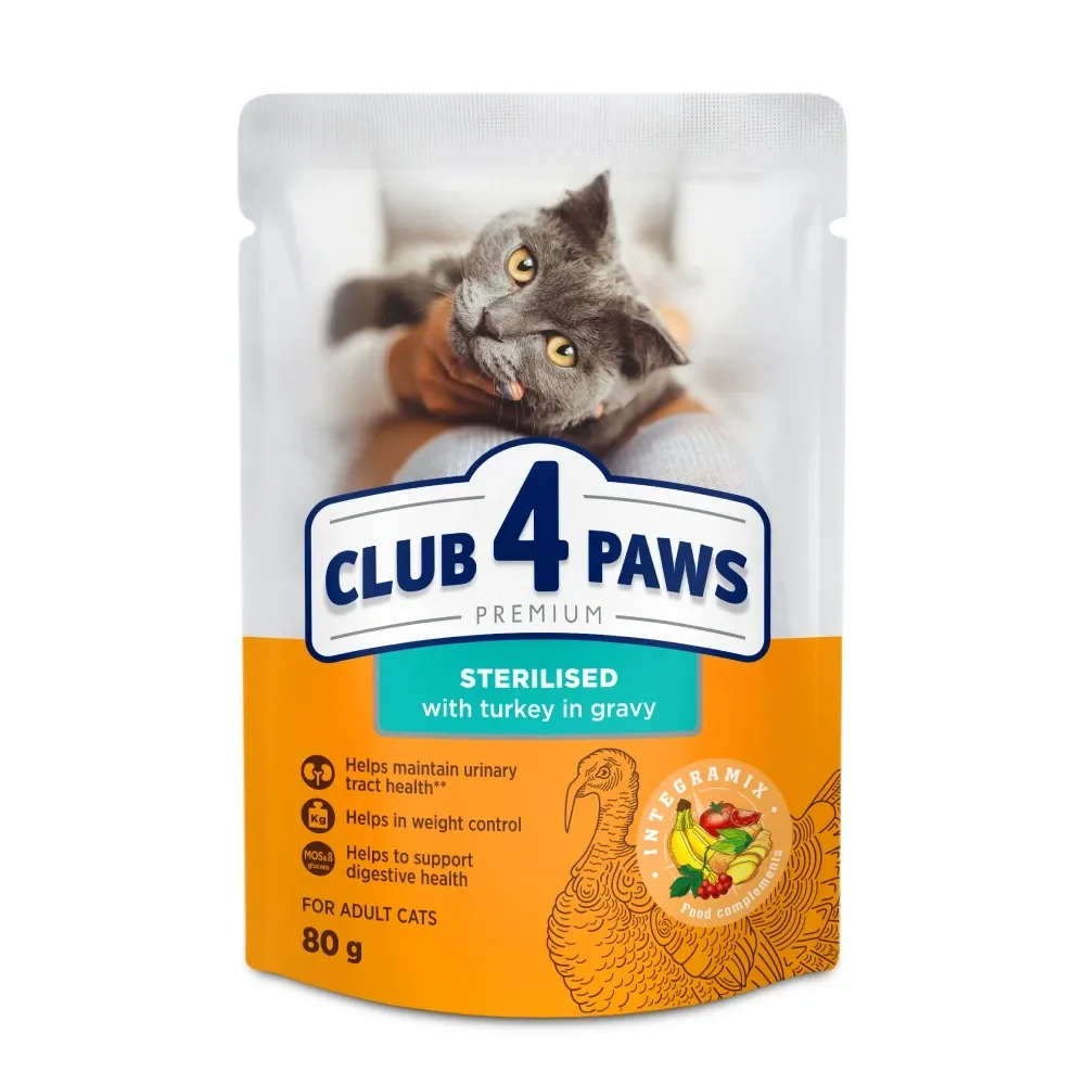 CLUB 4 PAWS (Клуб 4 Лапи) Преміум вологий корм для дорослих кішок з індичкою в соусі, 80 г Вінниця - фото 1