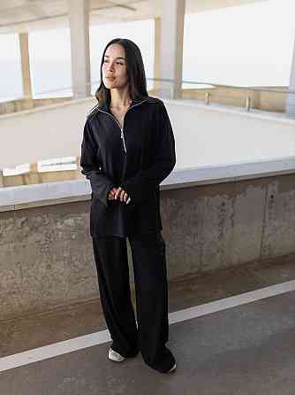 Женский повседневный оверсайз костюм двойка: кофта и штаны трикотаж пума рубчик Черный Одесса