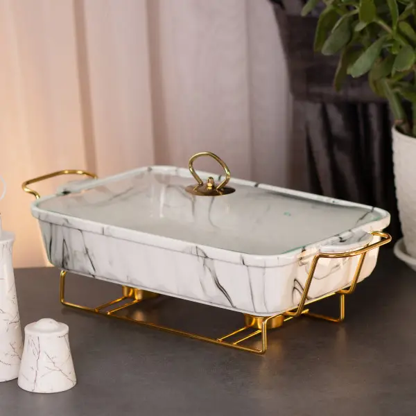 Мармітниця настільна порцелянова 1,5 літра марміт прямокутний 35х19х11,5 см для других страв Мармур білий HP1029 Київ - фото 2