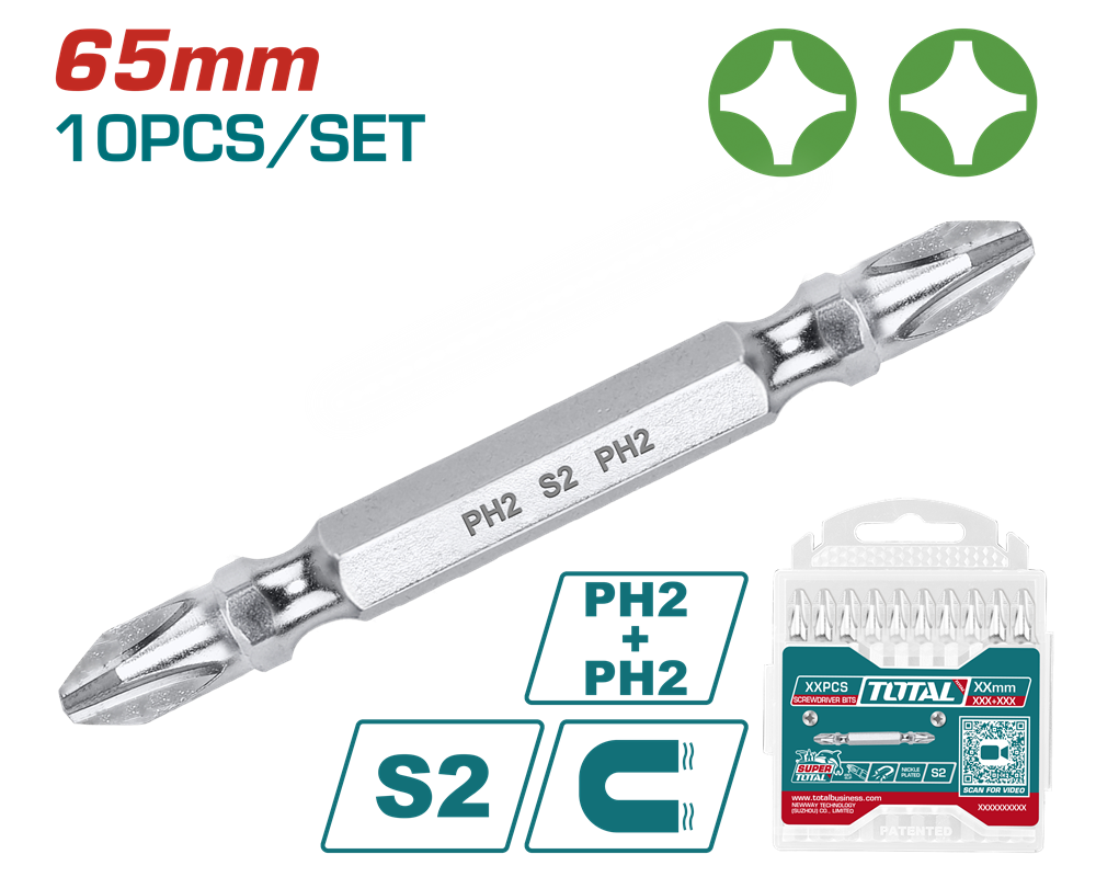 Викрутні насадки TOTAL TAC16PH233, PH2+PH2, 65 мм, 10 шт. (7090269) Київ - фото 1