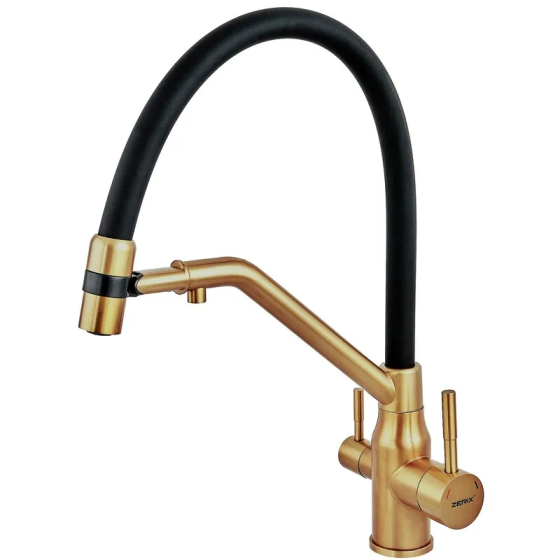 Змішувач для кухні з силіконовим виливом Zerix MAG-021 Brushed Gold Refl.Black з нержавіючої сталі  SUS304 з виходом для питної Харків