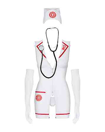 Еротичний костюм медсестри Obsessive Emergency dress S/M, white, сукня, стринги, рукавички, чепчик, Sex Aura Київ