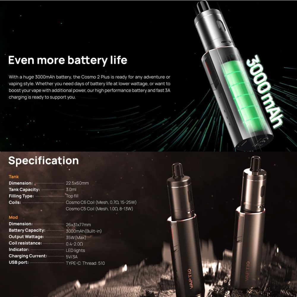 Вейп Мод Бокс VAPTIO Cosmo 2 потужна продуктивність, елегантний дизайн, довговічна батарея, розширені функції, ємність 3 мл Київ - фото 7