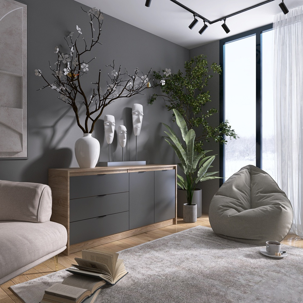 Великий комод із дверима та 3-ма шухлядами Еверест Сіті-1500 150,2х38х74,6 Дуб сонома/Графіт (DTM-071101) Львів - фото 2