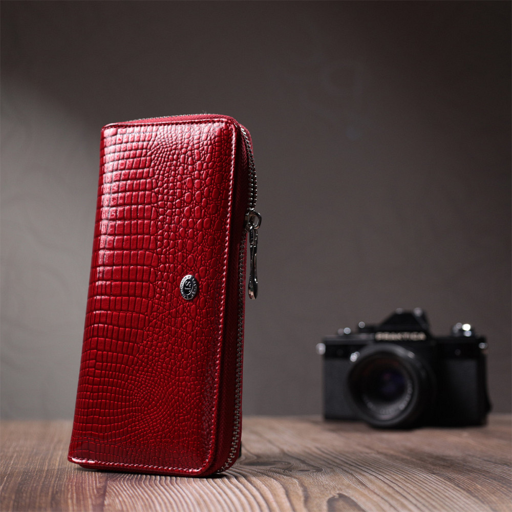 Жіночий гаманець лакований на блискавці з натуральної шкіри ST Leather 22677 Червоний Київ - фото 8