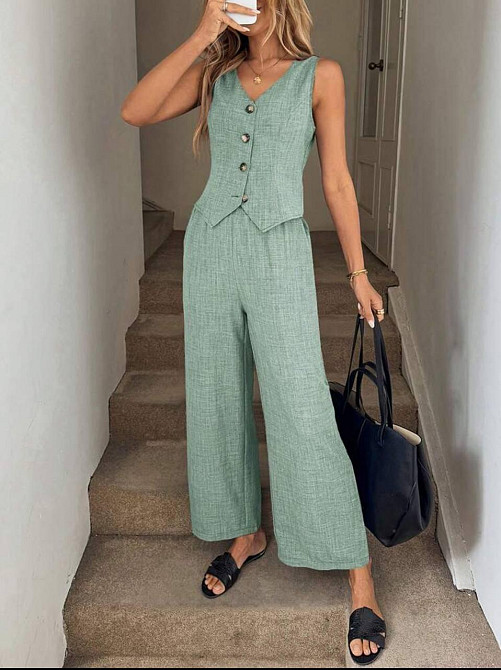 Жіночий базовий брючний костюм двійка: жилет і брюки льон бохо Одеса - фото 1