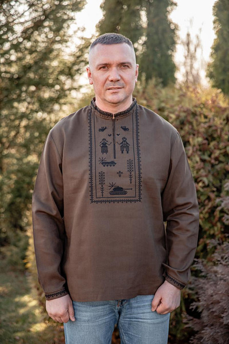 Вишиванка чоловіча з довгим рукавом хакі льон, сорочка чоловіча з вишивкою лляна вишиванка та сорочки чоловічі Київ - фото 2