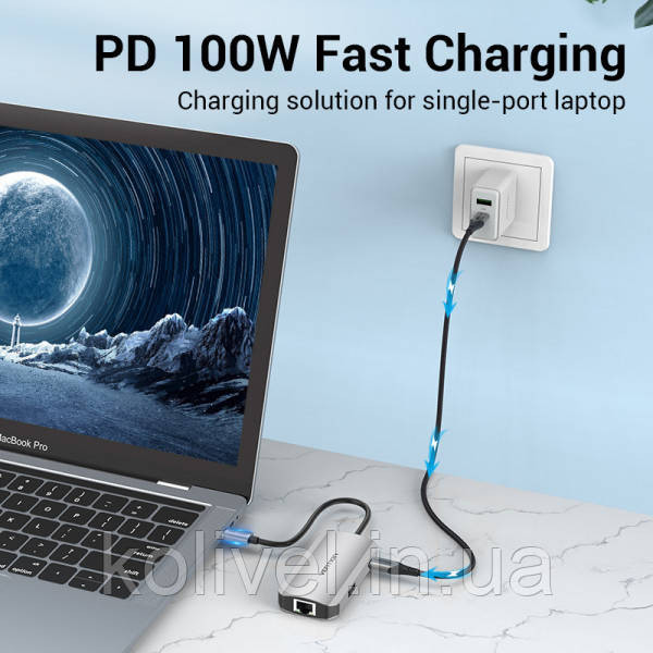 Хаб USB 3.1 Type-C -> 3хUSB 3.0/RJ45 Gigabit/PD 100W 5-in-1 Vention (TNFHB) Київ - фото 6