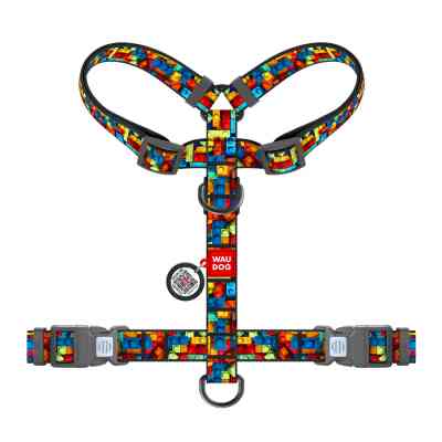 Шлея для собак WAUDOG Nylon анатомічна H-подібна з QR-паспортом "Блоки" пластиковий фастекс, M (344-4056) Вінниця