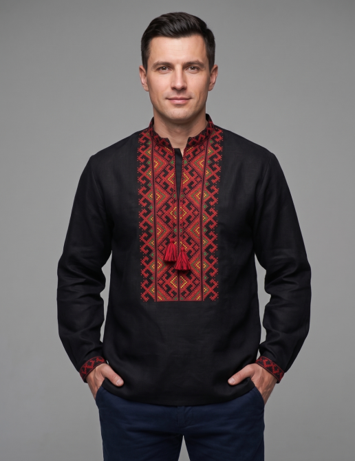 Чорна чоловіча вишиванка з домотканого полотна Київ - фото 3