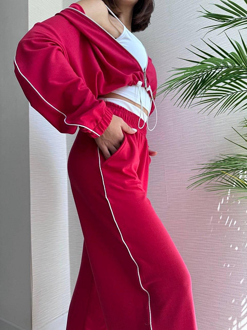 Женский прогулочный костюм тройка: кофта топ и штаны  двунить + микродайвинг Красный, 42/44 Одесса - изображение 3