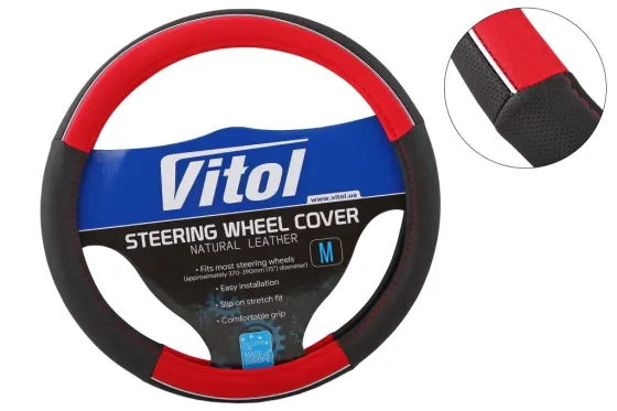 Оплітка на кермо M без запаху Vitol F-17003RD-M чорний/червоний з хром. вставкою Вінниця