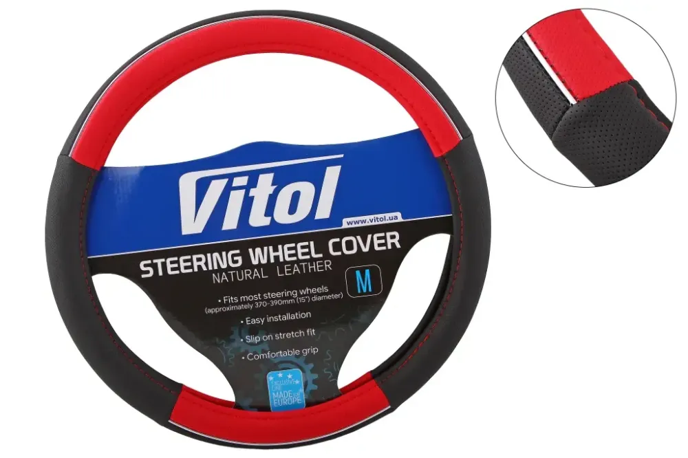 Оплітка на кермо M без запаху Vitol F-17003RD-M чорний/червоний з хром. вставкою Вінниця - фото 1