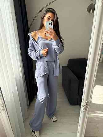 Женский базовый костюм тройка: рубашка майка и штаны креп жатка Серый, 46/48 Одесса