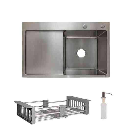 Комплект Lidz Handmade H7849L Мойка для кухни интегрированная крыло слева Brushed в комплекте с дозатором + Lidz K01G Корзина для Киев