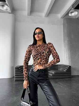 Женский леопардовый лонгслив с имитацией лифа стрейч сетка Одесса
