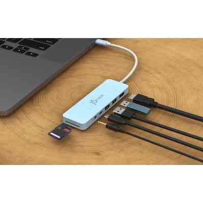 Концентратор J5create USB-C 6-in-1 2xUSB 3.2 + USB-C PD + HDMI 4K + SD/TF + 3.5mm cyan (JCD373EC-N) Винница
