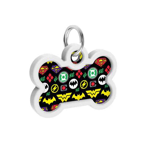 Адресник для собак і котів металевий WAUDOG Smart ID з QR паспортом, малюнок "Супергерої логоманія", кістка, Д 40 мм, Ш 28 мм Київ