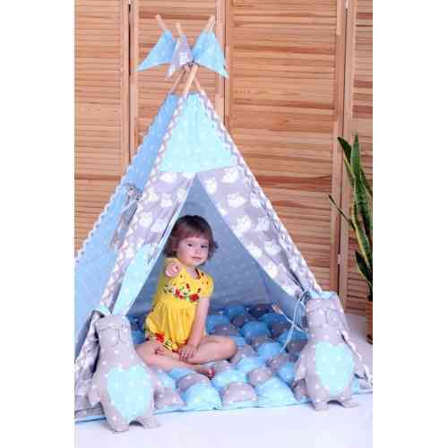 Вігвам Хатка комплект Бобон Невелика Блакитний із сірим із подушками — Великий 150*150 см Київ