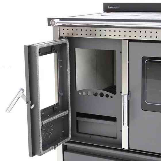 Піч опалювально-варильна Hosseven Lotus Inox 12 кВт з вбудованою духовкою верхній димохід сучасний дизайн Київ