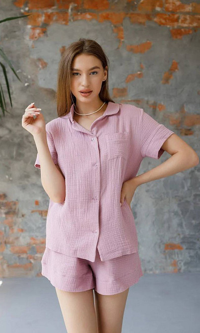 Піжама жіноча муслінова шорти і сорочка S Темно-рожевий Харків - фото 1