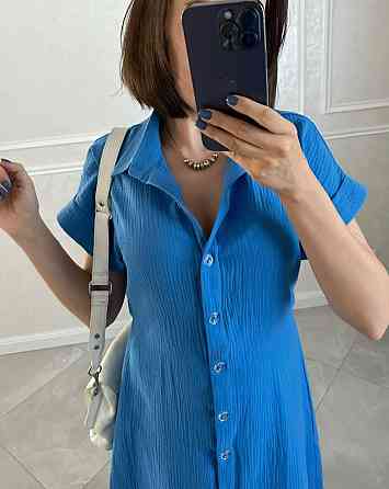 Женское легкое базовое платье халат с поясом на пуговицах турецкий натуральный хлопок - муслин 52/54, Синий Одесса