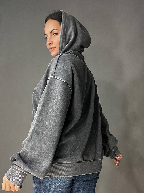 Худи женский A-N 25040 удлиненный оверсайз с капюшоном вареный дай цветная надпись впереди one size, графит, one size Киев - изображение 11