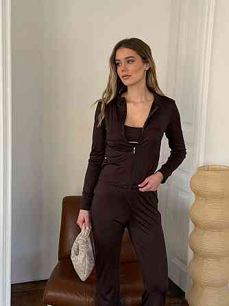 Жіночий повсякденний костюм-трійка: кофта топ і штани з мікродайвінгу Шоколадний, 48/50 Одеса