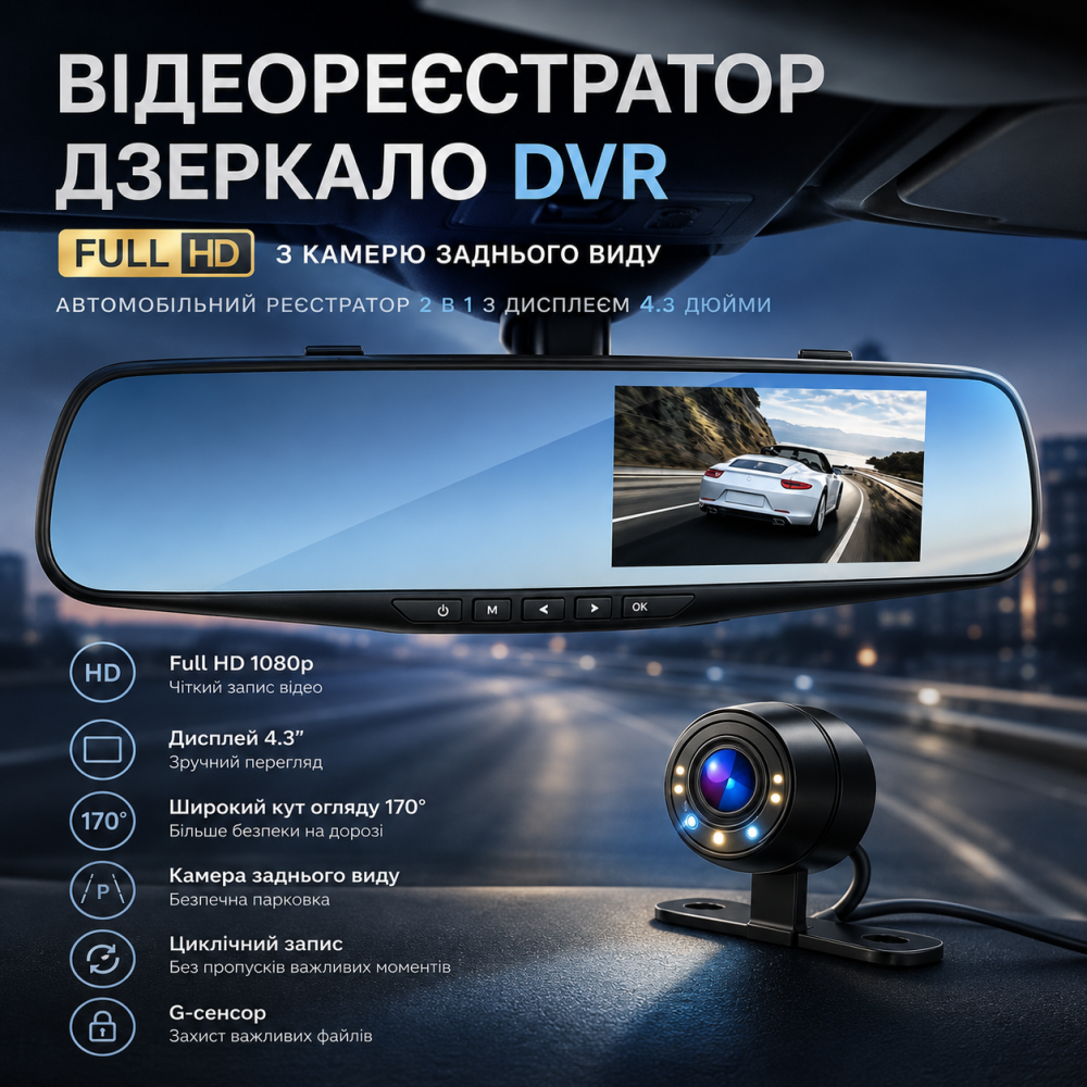 Відеореєстратор дзеркало DVR T605 Full HD з камерою заднього виду — Автомобільний реєстратор-дзеркало 2 в 1 з екраном 4.3" Київ - фото 4