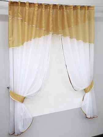 Кухонные шторы VR-Textil № 091к с ламбрекеном и подвязками золотистый с белым 270х170 см (50-866) Киев