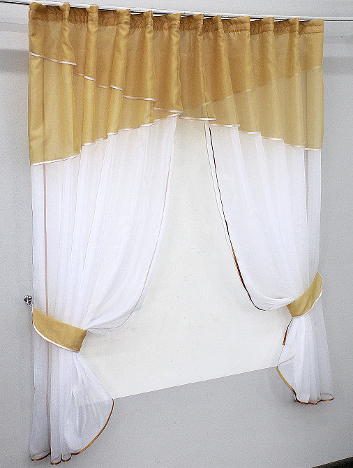 Кухонные шторы VR-Textil № 091к с ламбрекеном и подвязками золотистый с белым 270х170 см (50-866) Киев - изображение 2