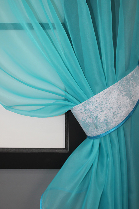 Кухонні штори VR-Textil № 084к з ламбрекеном і підв'язками лазурний з білим 280х170 см (52-0824) Київ - фото 3