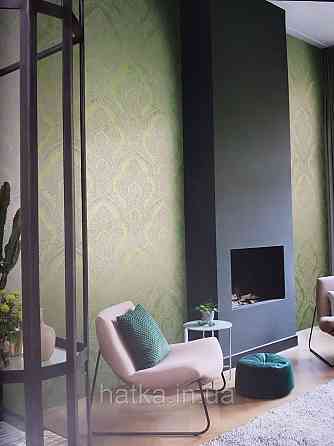 Шпалери текстильні еко 0.53х10.05 Rasch Textil Valentina класика вензелі дамаски сірі на зеленому салатовому Київ