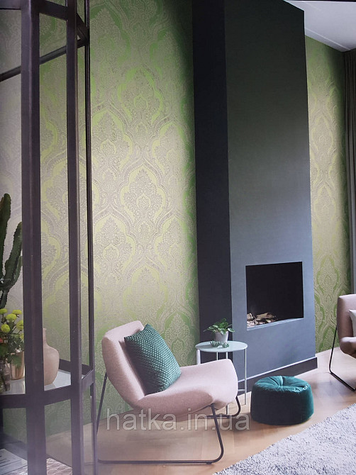 Шпалери текстильні еко 0.53х10.05 Rasch Textil Valentina класика вензелі дамаски сірі на зеленому салатовому Київ - фото 1