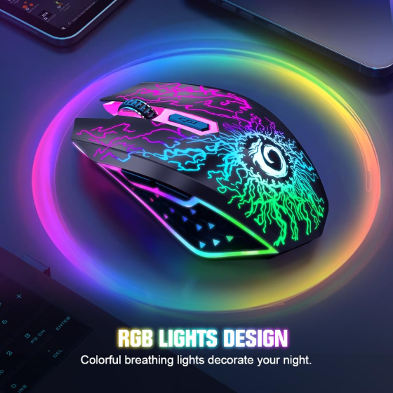 Беспроводная игровая мышь VersionTECH 2.4G, 6 кнопок, 800–1600 DPI, RGB-подсветка, аккумуляторная, черная Киев