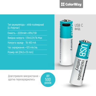 Акумулятор ColorWay AA USB-С 2220 mAh 1.5V (2шт) (Li-Polymer) (CW-UBAA-10) Вінниця - фото 12