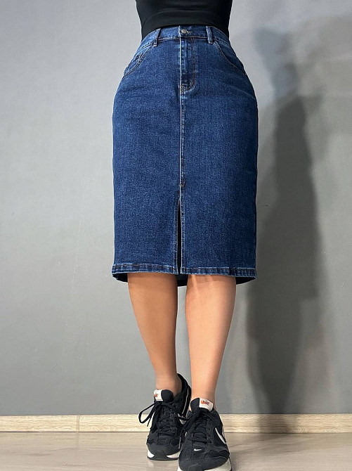 Юбка женская джинсовая Vanver 8239 с разрезом миди на резинке большие размеры синяя, синий, З6, 36, 104 см, 122 см Киев - изображение 1