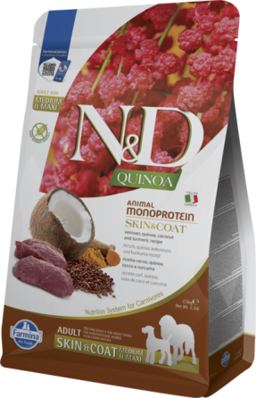 Фарміна дог сухий N&D QUINOA DOG SKIN & COAT, VENISON & COCONUT ADULT MEDIUM MAXI з олениною та кокосом 2.5 kg 41975 Київ