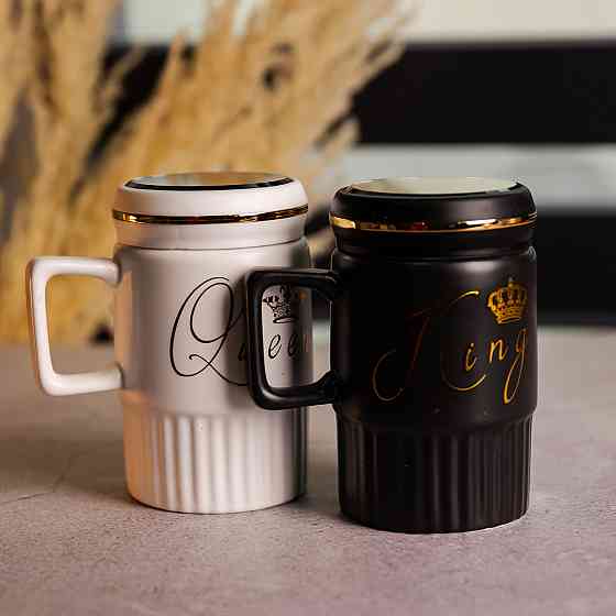 Yiwu Набір парних порцелянових чашок з кришкою 2 (шт) по 450 (мл) Чорний з білим Yiwu FM-26 Коломия