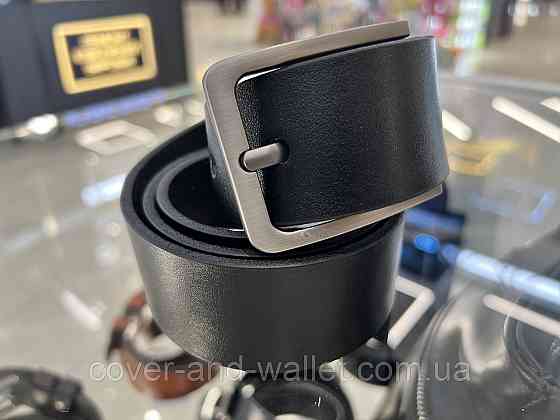 Широкий чоловічий шкіряний ремінь чорного кольору зі стандартною пряжкою 40 мм PS Leather Київ