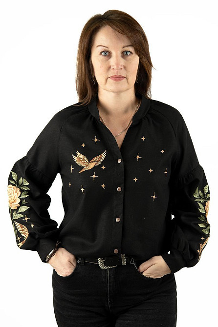 Вишиванка жіноча, лляна, чорна, з довгим рукавом, топ 52/54 Київ - фото 1