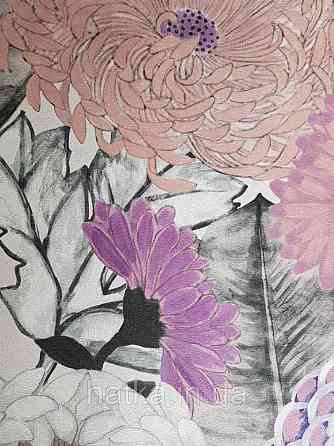 Шпалери вінілові Decopreint Breeze квіти хризантеми великі бузкові рожеві чорні акварель 0.53х10 м Київ