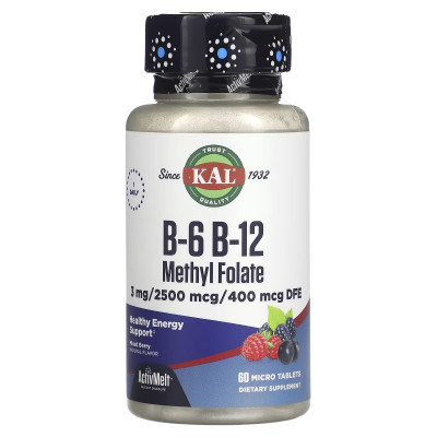 Вітамін KAL Вітаміни B6+B12 та метилфолат, смак ягід, B-6 B-12 Methyl Folate, 60 ми (CAL-29151) Вінниця - фото 1